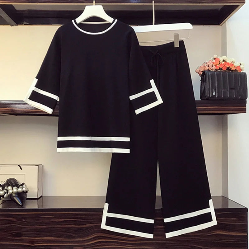 Summer Women's Knitted Two Piece Suits Color Contrast Loose Pullover Sweater Jumpers And Wide Leg Pants Plus Szie Outfits