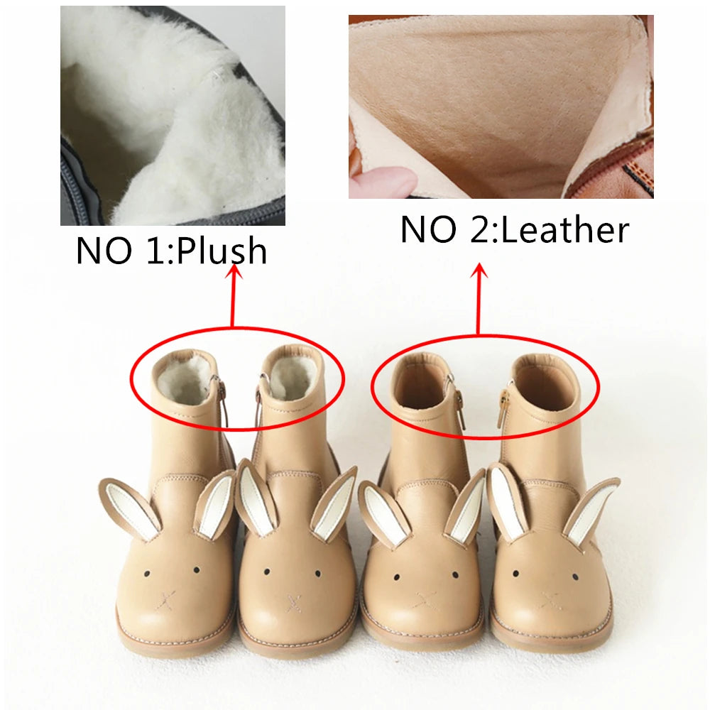 Autumn Winter Genuine Leather Children's Shoes Warm Lambswool Cartoon Bunny Baby Girls Ankle Boots Cowhide Boys Snow Boots