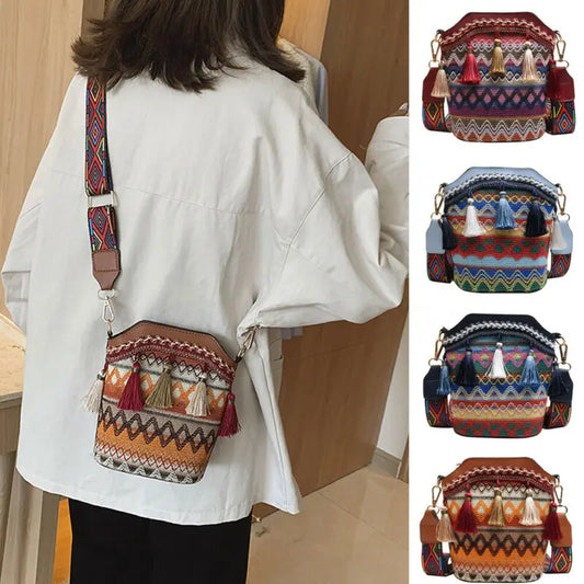 Vintage National Women's Bag Tassel Ethnic Handwoven Crossbody Bag Hippie Sling Shoulder Bags For Ladies Small Handbag 4 Colors