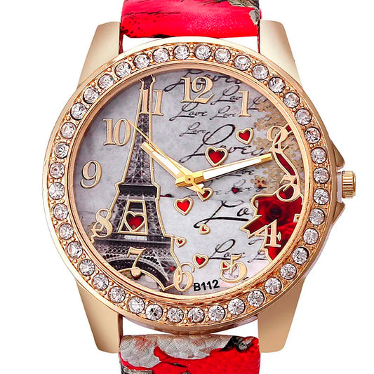 Women Big Watches Fashion Luxury Crystal Paris Eiffel Tower Watches Women Leather Band Quartz Wristwatch Casual Ladies Watches