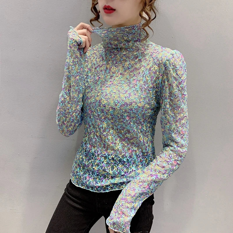 Women Sexy Transparent Print Blouses 2024 Fashion Long Sleeve Casual Ladies Tops Korean Clothing Elegant Summer Blouse Oversized