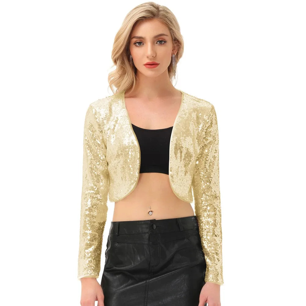 Women's Shining Coats Spring Fall Tops And Clothing Sequined Long Sleeve Cropped Length Open Front Bolero Lady Sexy Slim Shrug