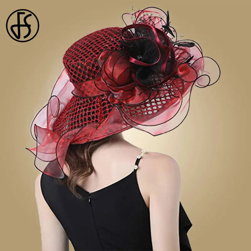 FS Fascinator Hats Wedding Bride Kentucky Derby Hats For Women Ladies Church Hat Flower Hats Large Wide Brim Fedora Organza Hat