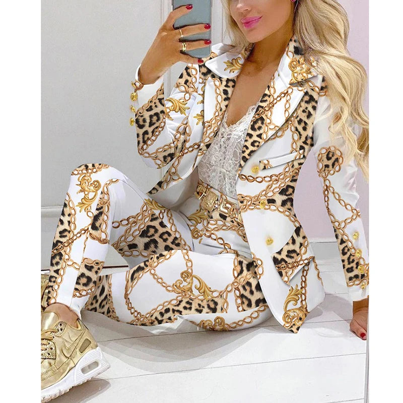 Two Piece Set Women Clothes For Ladies Outfits Lapel Collar Double Breasted Blazer Suit Pants Set Tiger Head Print Suit