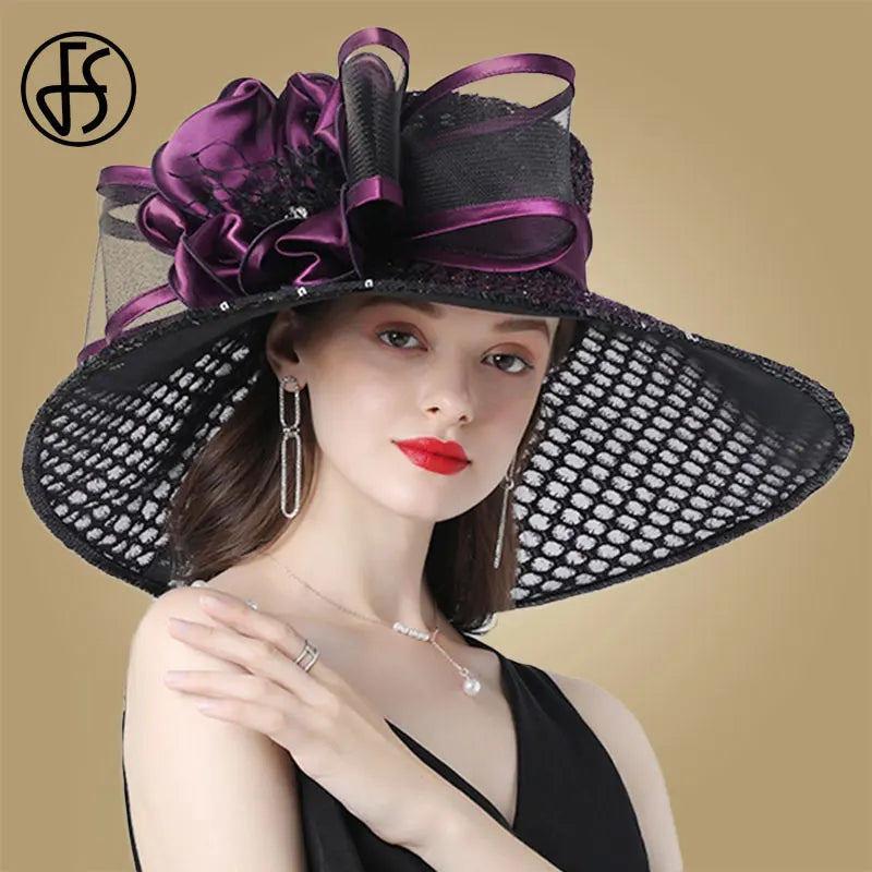 FS Fascinator Hats Wedding Bride Kentucky Derby Hats For Women Ladies Church Hat Flower Hats Large Wide Brim Fedora Organza Hat