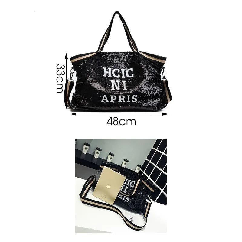 Casual Women Bling Sequins Shoulder Bags Big Capacity Female Handbag For Lady Travel Large Tote Letter Printed Crossbody Bags