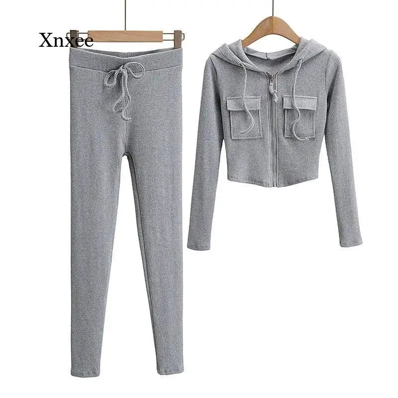 Sexy Knitting Hooded Tracksuit Solid Women High Waist Zipper Drawstring Pantstwo Piece Sets Ensemble Jogging Femme Suit Outfits