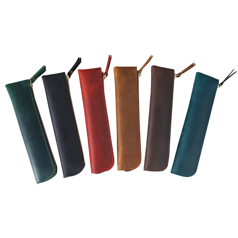 Portable Genuine Cowhide Pencil Case Retro Leather Pen Bag Storage Pouch for Pens Stationery Holder School Office Supplies