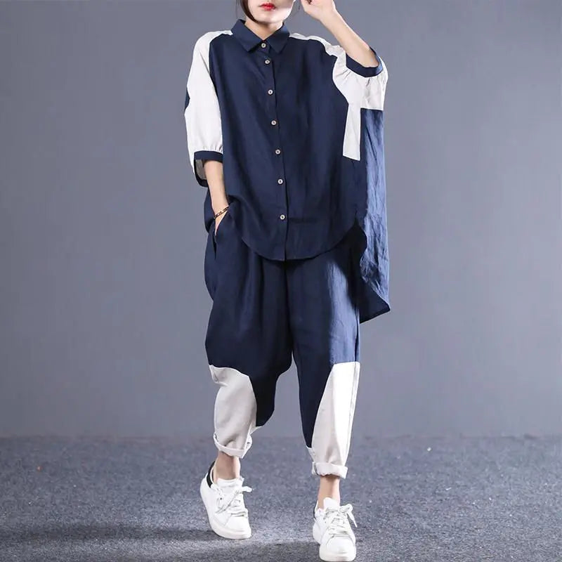 Spring Summer Pants Suit Korean Loose Large Size Color Matching Cotton And Linen Shirt Leisure 2 Piece Set Tracksuit Women zh639