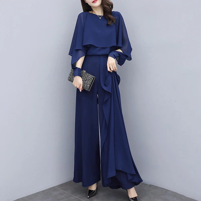 New Spring Summer Suit Women Fashion Loose Chiffon Two-Piece Trousers Ladies Elegant Wide-Leg Pants Suit Female