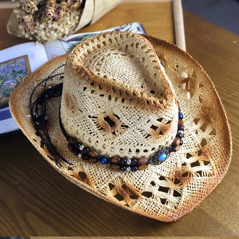 2021 Natural Straw Cowboy Hat Women Men Handmade Weave Cowboy Hats For Lady Tassel Summer Western Sombrero Hombre Lifeguard Hats