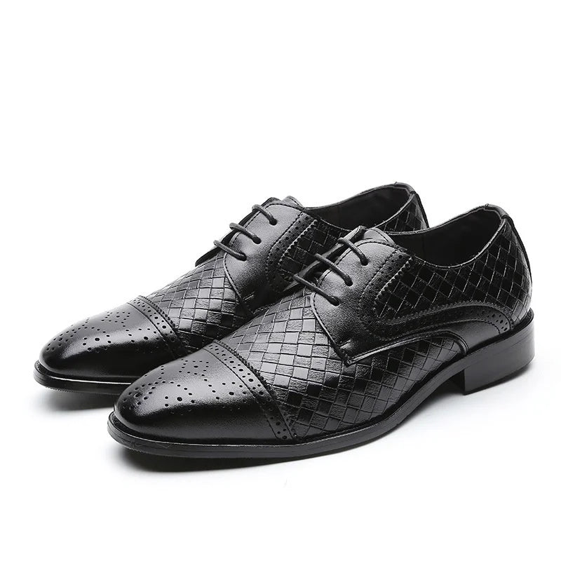 Men's Woven Leather Dress Shoes Mens Classic Vintage Derby Shoes Brogue Shoes Men Lace-Up Business Office Party Wedding Shoes