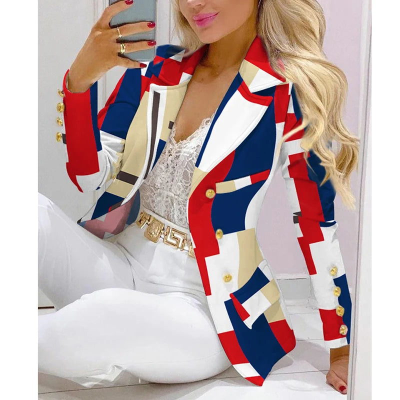 Two Piece Set Women Clothes For Ladies Outfits Lapel Collar Double Breasted Blazer Suit Pants Set Tiger Head Print Suit