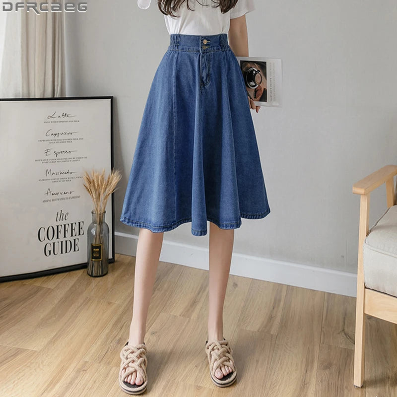 Vintage Elastic High Waist Ladies Denim Skirt New Spring Summer Streetwear Big swing Saia Midi Button A-line Women Jeans Skirts