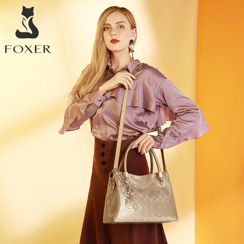 FOXER Women Big Cowhide Shoulder Bag Female Split Leather Handbag Fashion Lady Tote Large Capacity Top Handle Bag