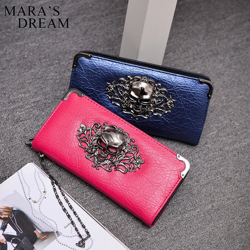 Mara's Dream Long Wallets Fashion Metal Skull Pattern PU Leather Women Wallets Portable Casual Lady Cash Purse Card Holder  Gift