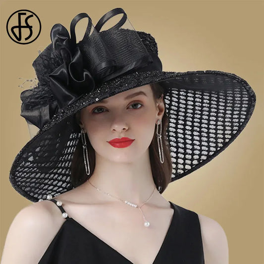 FS Fascinator Hats Wedding Bride Kentucky Derby Hats For Women Ladies Church Hat Flower Hats Large Wide Brim Fedora Organza Hat