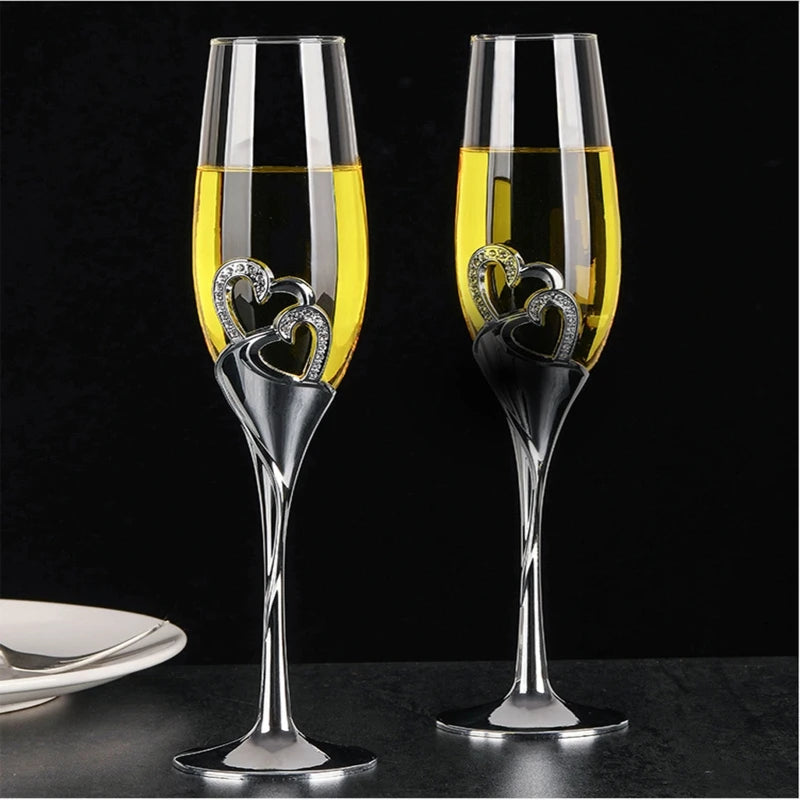 2Pcs 400ml Wedding Champagne Glass Set Toasting Flute Glasses with Crystal Rimmed Hearts Decor Drink Goblet Cup