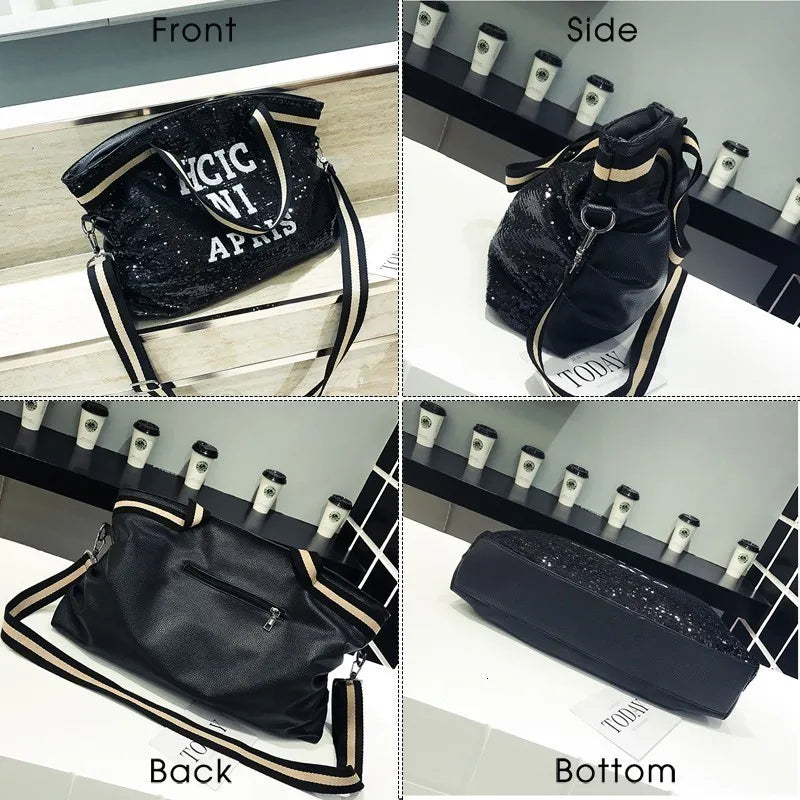Casual Women Bling Sequins Shoulder Bags Big Capacity Female Handbag For Lady Travel Large Tote Letter Printed Crossbody Bags