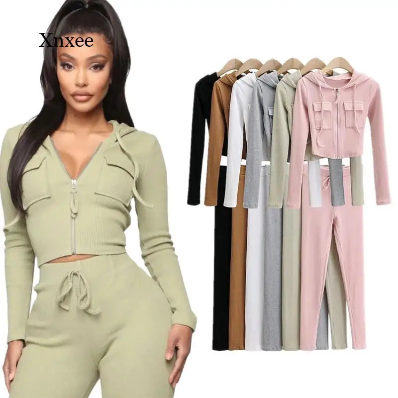 Sexy Knitting Hooded Tracksuit Solid Women High Waist Zipper Drawstring Pantstwo Piece Sets Ensemble Jogging Femme Suit Outfits