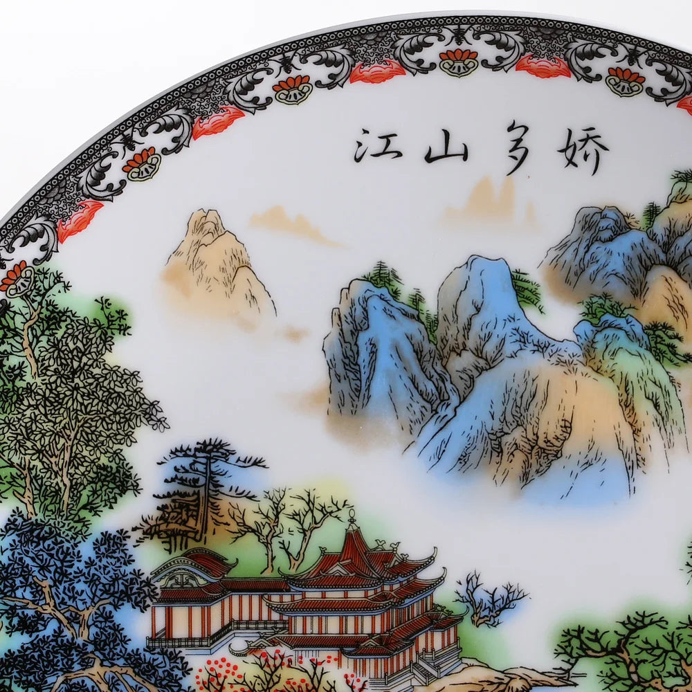 Jingdezhen Art Ceramic Ornamental Beautiful Landscape Plate Decoration Plate Wood Base House Porcelain Plate Set Wedding Gift