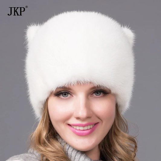 Winter Hot Sale Women's Hat Real Natural Mink Fur Hat Ladies Fall Winter Warm Fashion Cute White Ears and Mink Tail Cap