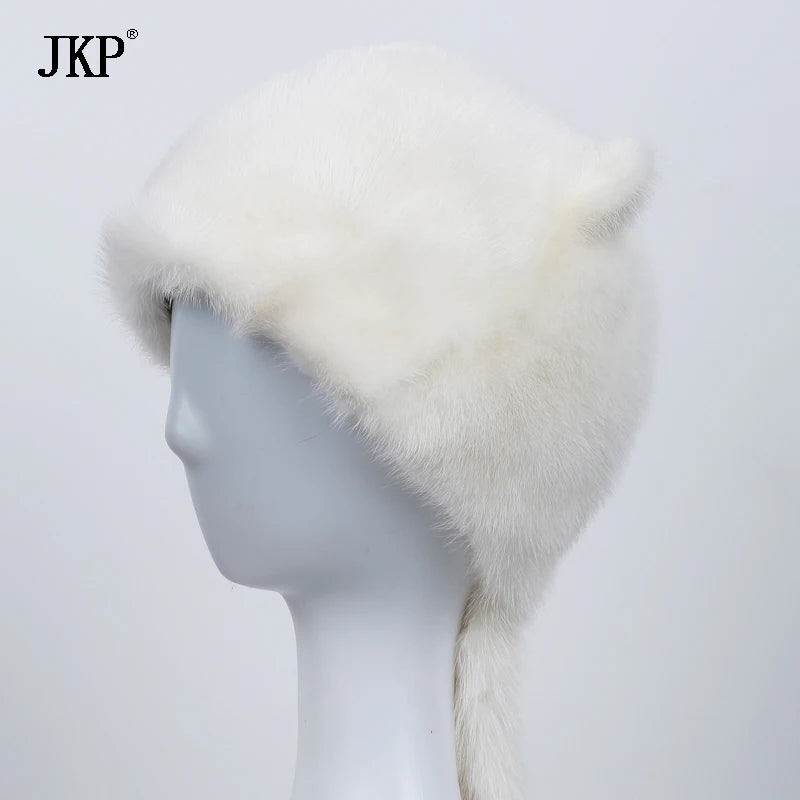 Winter Hot Sale Women's Hat Real Natural Mink Fur Hat Ladies Fall Winter Warm Fashion Cute White Ears and Mink Tail Cap