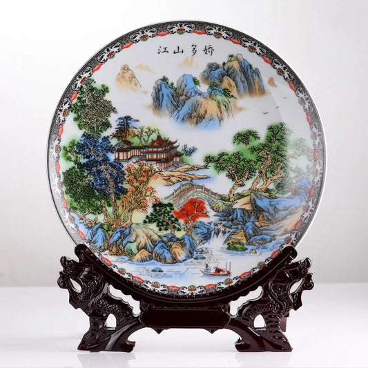 Jingdezhen Art Ceramic Ornamental Beautiful Landscape Plate Decoration Plate Wood Base House Porcelain Plate Set Wedding Gift