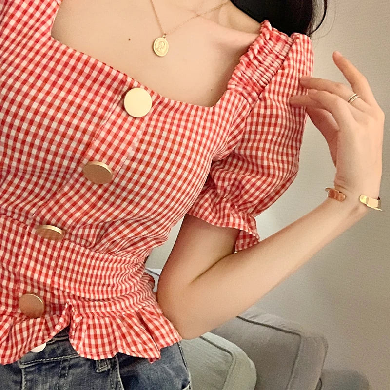 Vintage Plaid Crop Blouse Women Summer Square Collar Puff Sleeve Button ladies Tops Blouses Shirts chemisier femme