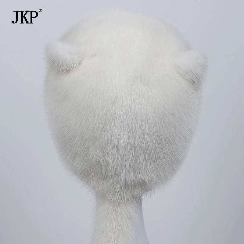 Winter Hot Sale Women's Hat Real Natural Mink Fur Hat Ladies Fall Winter Warm Fashion Cute White Ears and Mink Tail Cap