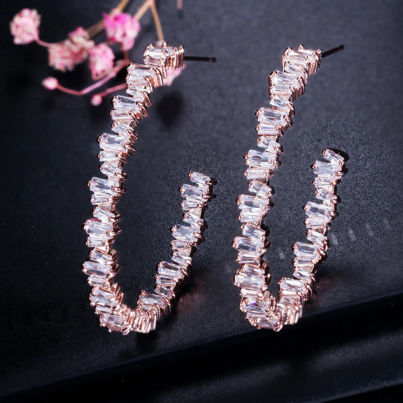 ThreeGraces Shiny Irregular Baguette CZ Crystal Big Rose Gold Color Hoop Circle Earrings for Ladies Dancing Party Jewelry ER115