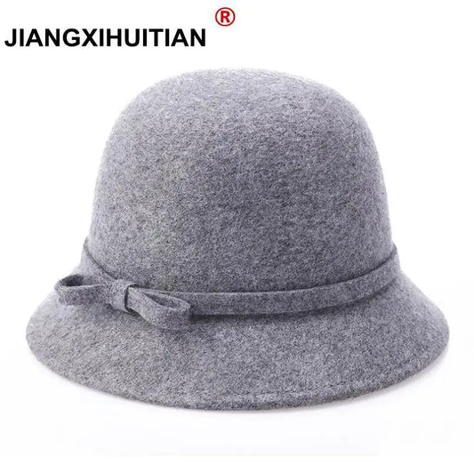 Europe England Korean Fall Winter Women's Fedora Caps Vintage Sun Hats For Woman Lady Wide Brim 100%Wool Felt Bowknot Hat