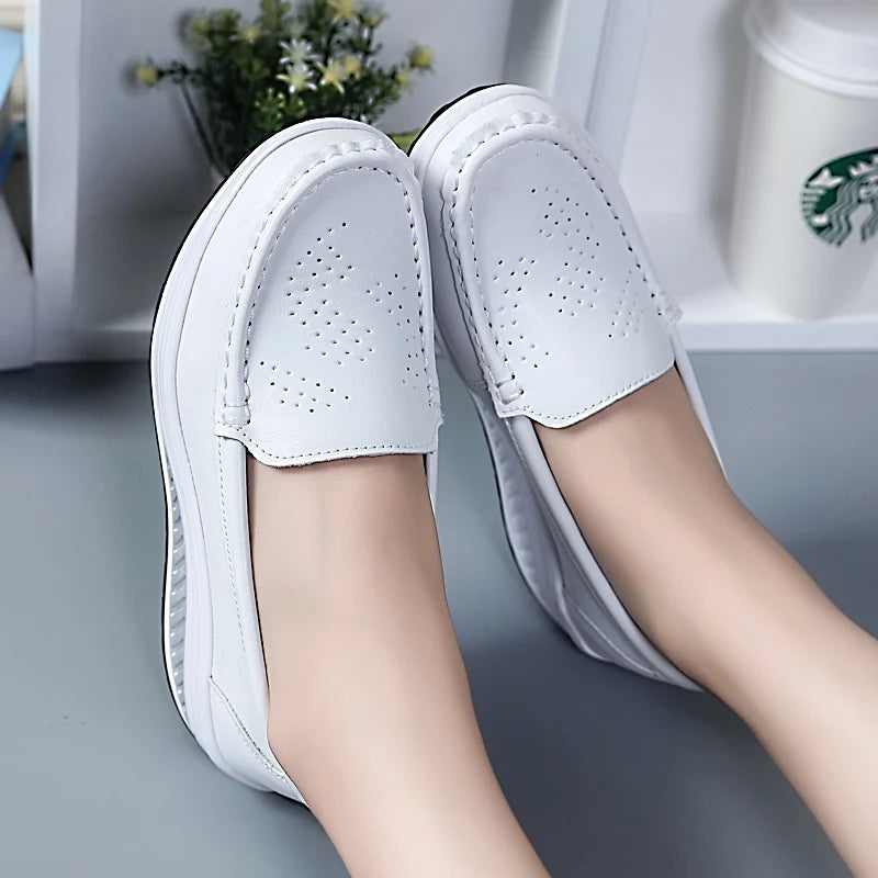 Spring Autumn Women Platform Loafers Shoes Ladies Genuine Leather Hollow Casual Shoes Woman Slip on Moccasins Creepers WSH3295