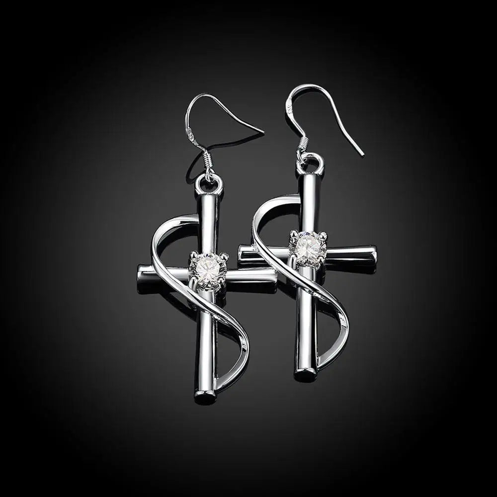 lady wedding cz stone women lady cross charms girl silver color earrings cute high quality fashion classic jewelry E194