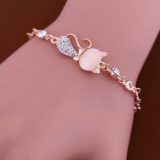 Bluelans Lovely Cat Pendant Women Ladies Opal Rhinestone Bangle Bracelet Chain Jewelry