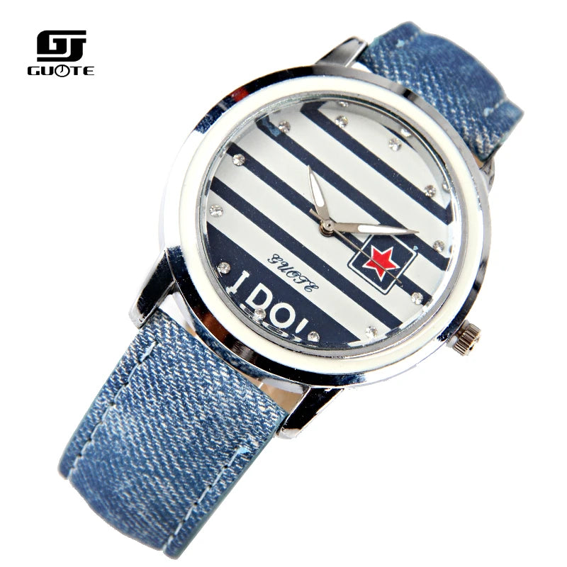 New Famous Brand Stripe Star Casual Quartz Watch Women Jean Fabric Leather Dress Watches Relogio Feminino Clock Ladies Hot Hour