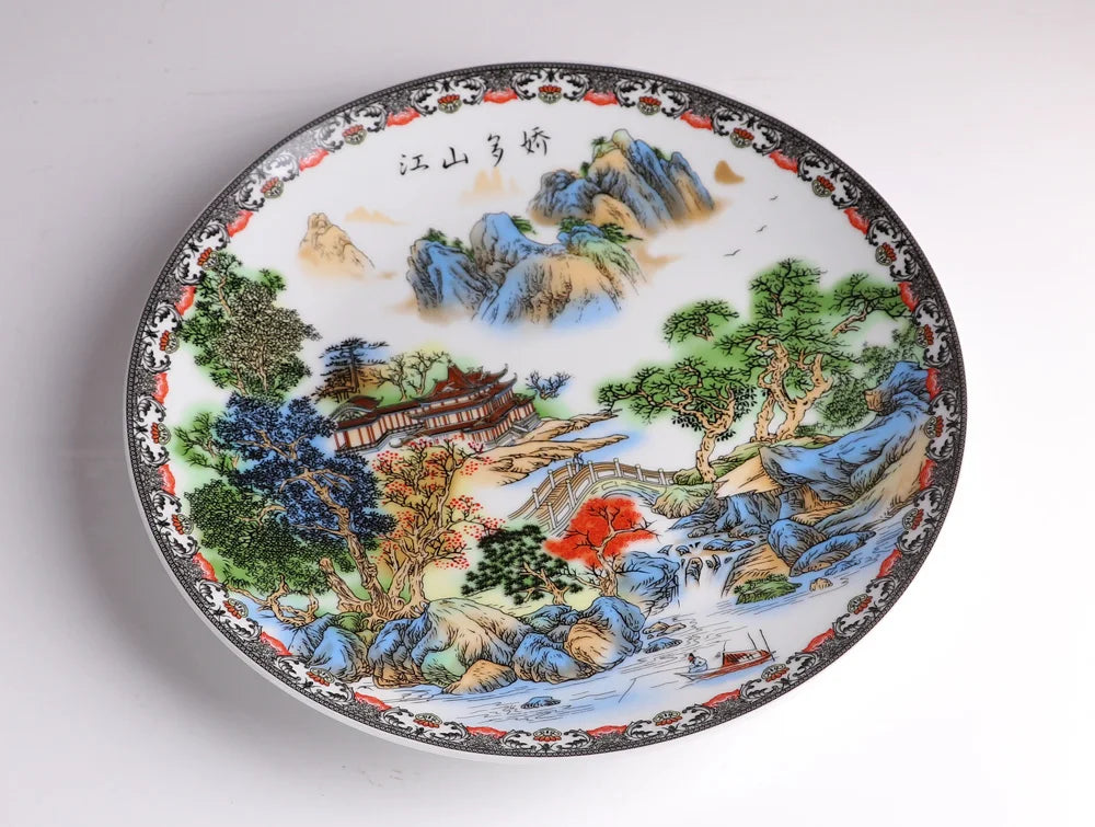 Jingdezhen Art Ceramic Ornamental Beautiful Landscape Plate Decoration Plate Wood Base House Porcelain Plate Set Wedding Gift