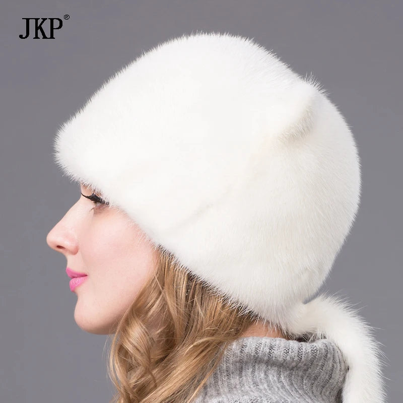 Winter Hot Sale Women's Hat Real Natural Mink Fur Hat Ladies Fall Winter Warm Fashion Cute White Ears and Mink Tail Cap