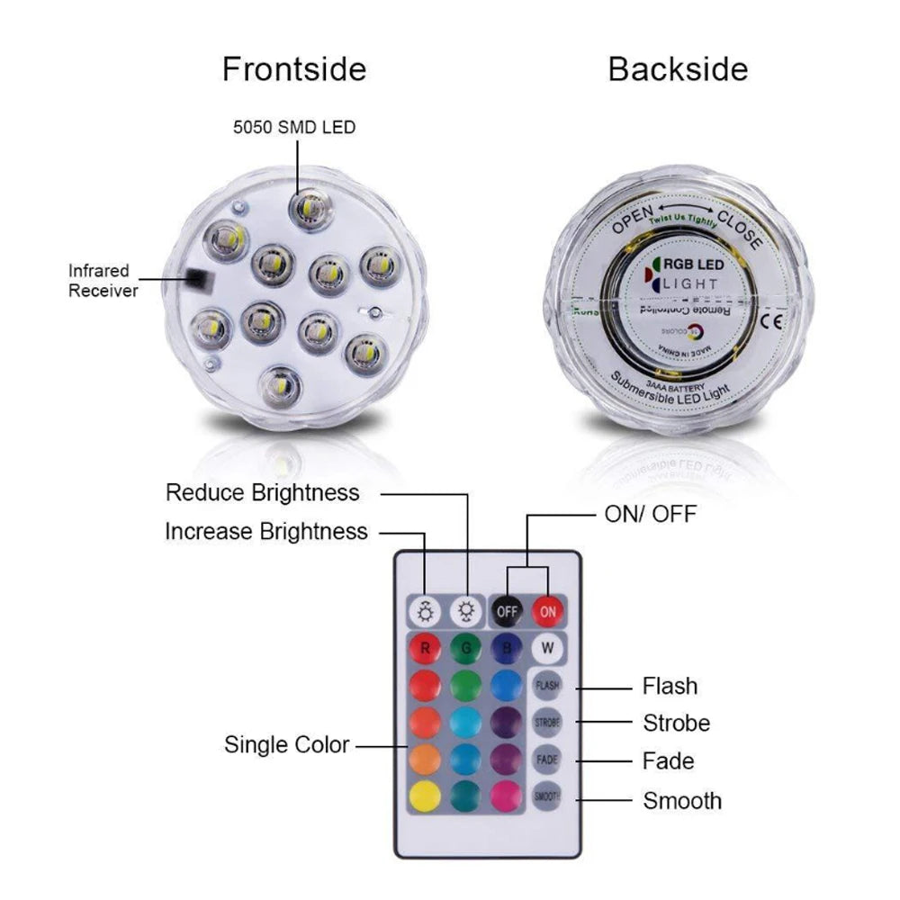 RGB 10LED 24key Underwater Light Remote Control Submersible Waterproof Floral Tea Candle Lamp for Vase Bowl Aquarium Decoration