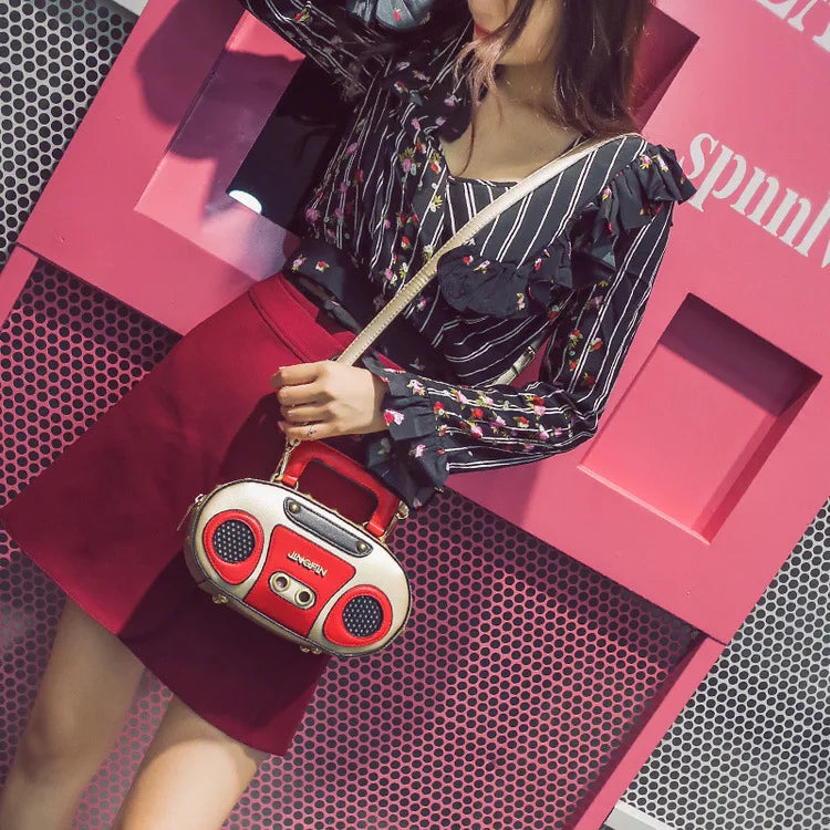 Personality Retro Radio Shape Bag Ladies Cute Handbag Shoulder Bag Messenger Bag Rock Crossbody Bag