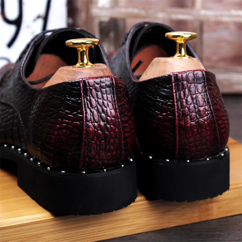 Men's Crocodile Dress Leather Shoes Lace-Up Wedding Party Shoes Mens Business Office Oxfords Flats Plus Size Men Fashion