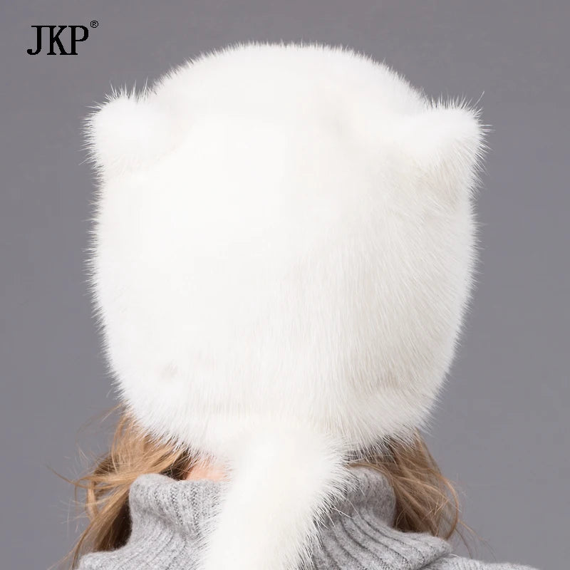 Winter Hot Sale Women's Hat Real Natural Mink Fur Hat Ladies Fall Winter Warm Fashion Cute White Ears and Mink Tail Cap