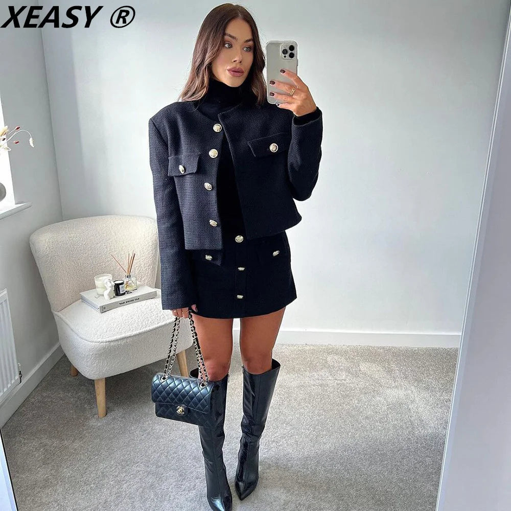 XEASY Tweed Jacket Set Two Piece Sets Women Skirt Fall 2021 Womens Fashion Black Single Breasted Jacket High-Waisted Skirt Suit