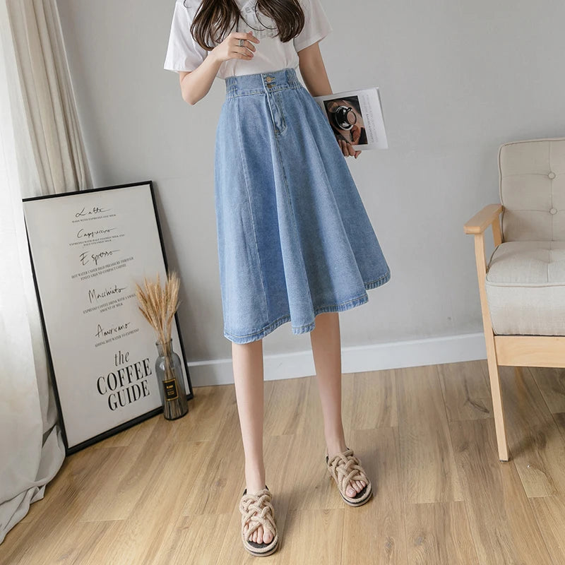 Vintage Elastic High Waist Ladies Denim Skirt New Spring Summer Streetwear Big swing Saia Midi Button A-line Women Jeans Skirts