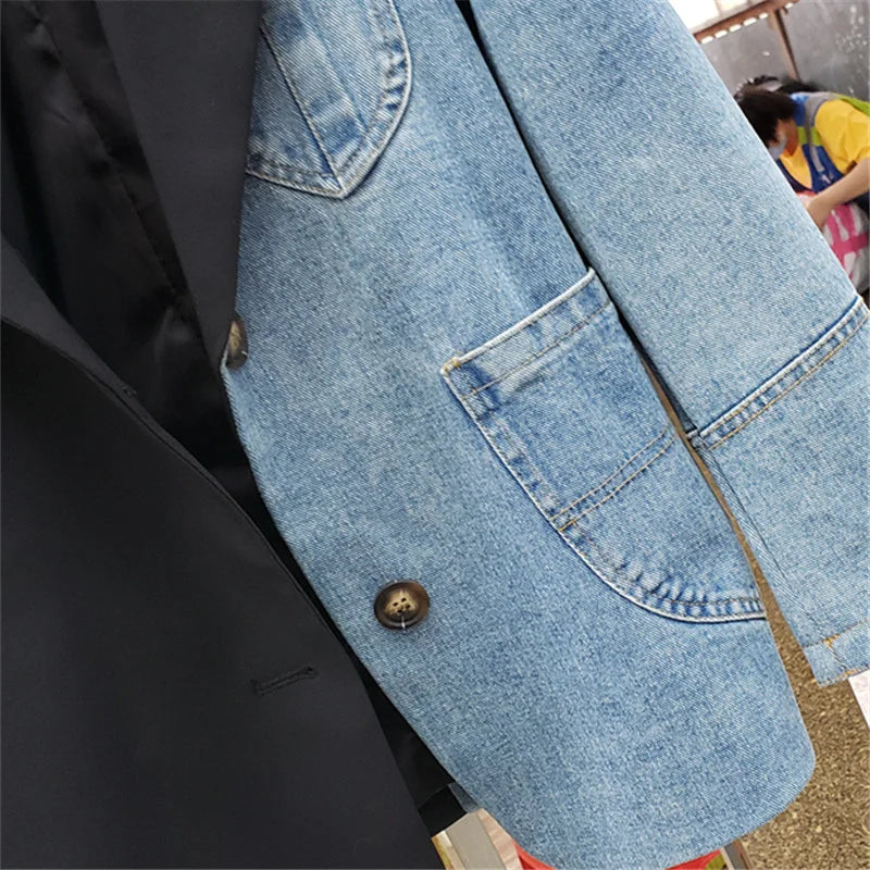 Denim Patchwork Women Blazer Jacket High Quality Single Button Black Suit Jacket Loose Fashion Lady Blazers Coat 2023 Autumn New