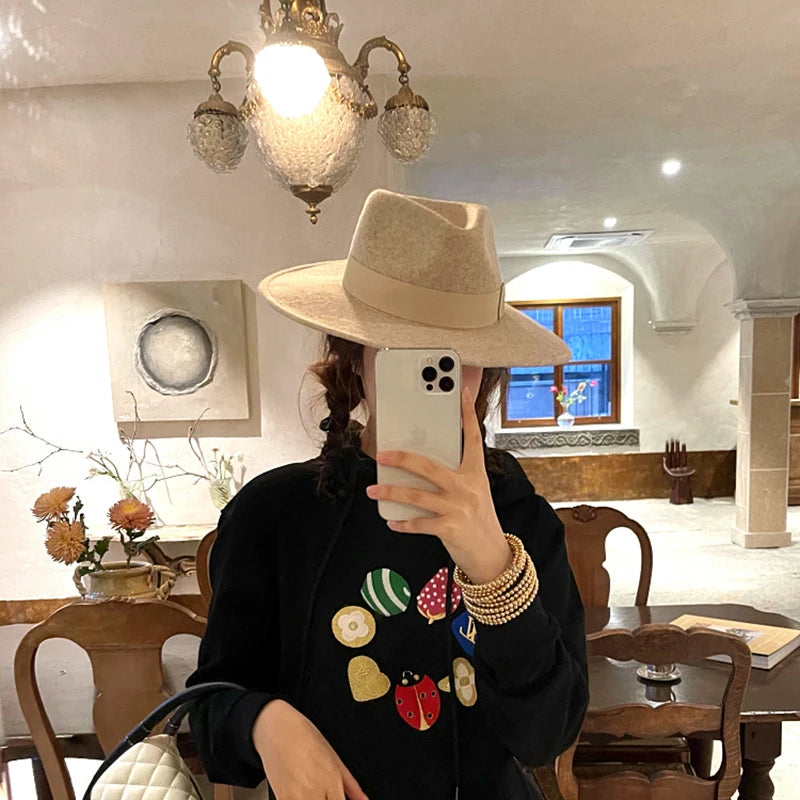 Designer Style Fall Winter Pure Wool Felt Hat Lady Oatmeal Bow Decoration Jazz Top Hat Fedora Vacation Leisure Hat High Quality