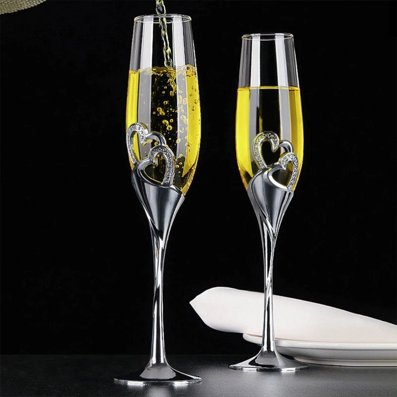 2Pcs 400ml Wedding Champagne Glass Set Toasting Flute Glasses with Crystal Rimmed Hearts Decor Drink Goblet Cup