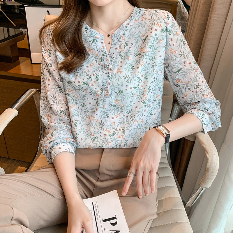 New elegant flower printing shirts for ladies Fashion V-neck Women's chiffon Blouses Spring Autumn Long Sleeve Tops Blusas Mujer