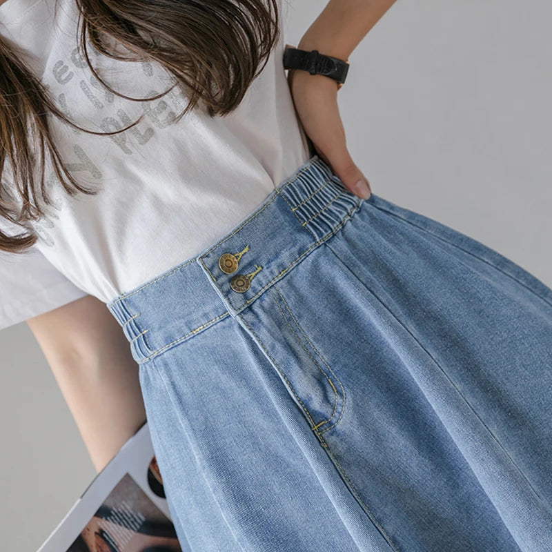 Vintage Elastic High Waist Ladies Denim Skirt New Spring Summer Streetwear Big swing Saia Midi Button A-line Women Jeans Skirts