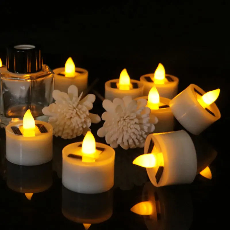 18 Pieces Flameless Flickering Fake Solar Powered Votive LED Candles Tea Light Wedding Memorial Bar Home DIY Decor Energy